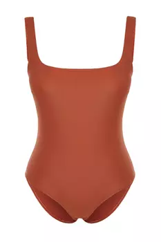 Купальник с высоким вырезом и квадратным вырезом Tile Trendyol, коричневый