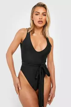 Купальник с завязкой на поясе и совком Boohoo, черный