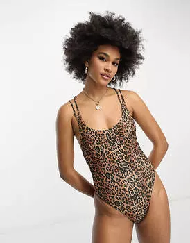 Купальник с завышенной талией и леопардовым принтом ASOS DESIGN Tall в рубчик и решетчатые бретели