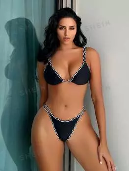 Купальник Shein с V-образным вырезом и контрастной отделкой, черный