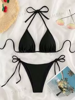 Купальник Shein Swim Basics с разрезом на шее, черный