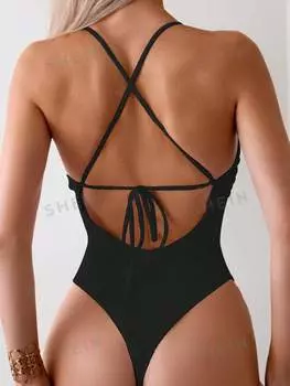 Купальник Shein Swim Basics с текстурированной отделкой и V-образным вырезом, черный