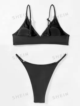 Купальник Shein Swim Basics с V-образным вырезом и бретельками, черный