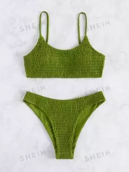 Купальник Shein Swim Basics с вырезом на шее и тонкими бретелями, оливково-зеленый