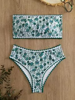 Купальник Shein Swim BohoFeel без бретелек с цветочным принтом, зеленый / белый