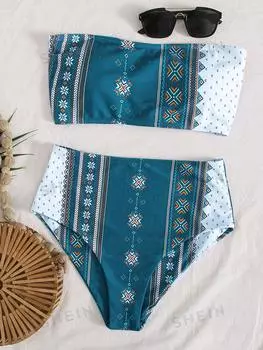 Купальник Shein Swim BohoFeel с геометрическим принтом, зеленый