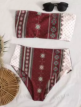 Купальник Shein Swim BohoFeel с геометрическим принтом, красно-розовый