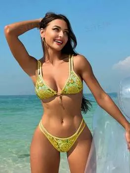 Купальник Shein Swim BohoFeel с принтом и V-образным вырезом, зеленый
