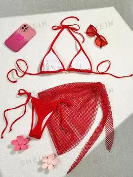 Купальник Shein Swim SXY с лямкой на шее и бретельками, красный