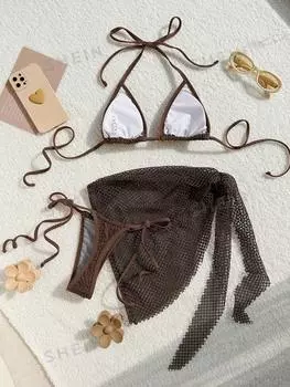 Купальник Shein Swim SXY с лямкой на шее и бретельками, шоколадно-коричневый