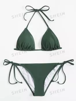 Купальник Shein Swim Vcay с цветочной текстурой и вырезом через шею, темно-зеленый