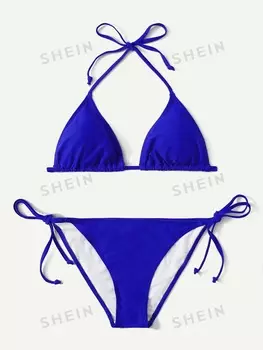 Купальник Shein Swim Vcay с цветочной текстурой и вырезом через шею, синий