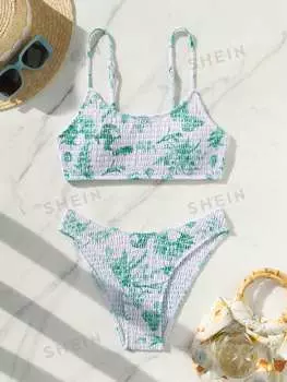 Купальник Shein Swim Vcay с цветочным принтом и пуш-ап, белый / зеленый