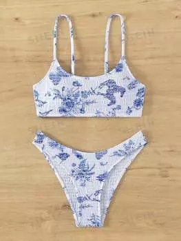 Купальник Shein Swim Vcay с цветочным принтом и пуш-ап, синий / белый