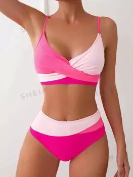 Купальник Shein Swim Vcay с перекрестными запахами и высокой талией, розовый