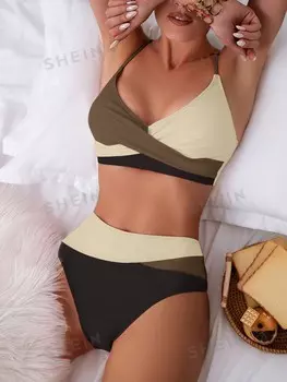 Купальник Shein Swim Vcay с перекрестными запахами и высокой талией, коричневый / бежевый