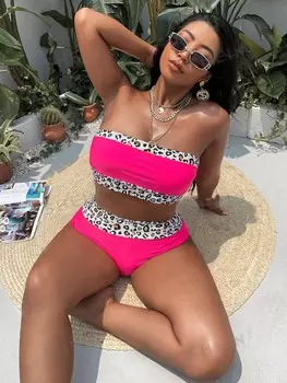 Купальник Swim Curve, топ больших размеров, леопардовый принт, бикини без бретелек и брюки с высокой талией Shein, фуксия