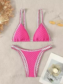 Купальник текстурированный Shein Swim BohoFeel с зигзагообразной отделкой, ярко-розовый