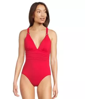 Купальник Tommy Bahama Pearl Novelty Vneck One-Piece, цвет Red Hibiscus