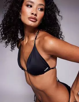 Купальник-топ Hugo Red coord с треугольными чашечками черного цвета и логотипом на завязках