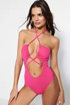 Купальник Trendyol с вырезом и перекрестной завязкой, фуксия
