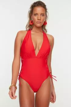 Купальник Trendyol с вырезом и завязками, красный