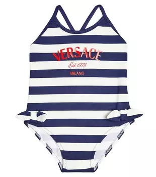Купальник в полоску с логотипом baby Versace, синий