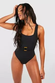 Купальник в рубчик с квадратным вырезом и контролем живота boohoo, черный