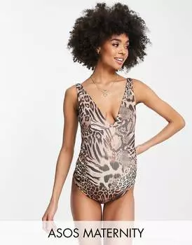 Купальник в рубчик с леопардовым анималистическим принтом ASOS DESIGN Maternity