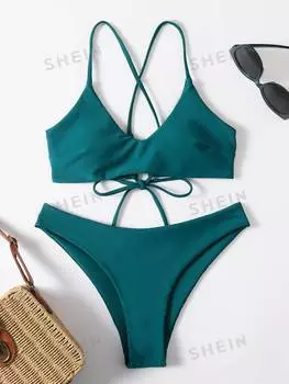 Купальник женский Shein Swim Basics бикини с лямками на спине, темно-зеленый