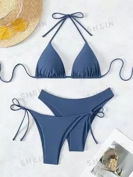 Купальник женский Shein Swim Basics с лямкой на шее и бретельками, синий