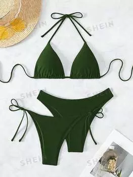 Купальник женский Shein Swim Basics с лямкой на шее и бретельками, зеленый