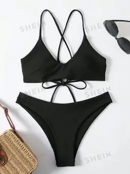 Купальник женский Shein Swim Basics с лямками на спине, черный