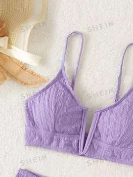 Купальники для плавания, фактурные бюстгальтеры, V-образные бикини и хипстерские плавки Shein, пастельный сиреневый/фиолетовый