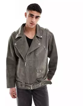 Куртка Asos Design Real Leather Oversized Distressed Biker, серый