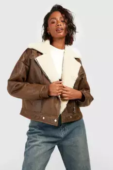 Куртка-авиатор из искусственной кожи Vintage Wash boohoo, коричневый