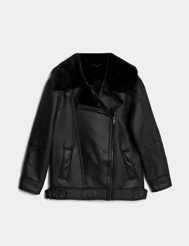 Куртка-авиатор из искусственной овчины Marks & Spencer, черный