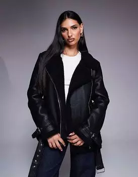 Куртка-авиатор из искусственной овчины с пряжкой черного цвета Princess Polly