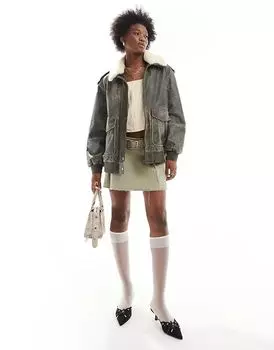 Куртка-авиатор из кожи с воротником из овчины темно-коричневого цвета Urbancode