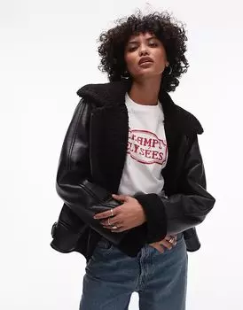 Куртка-авиатор из овчины черного и черного цветов Topshop