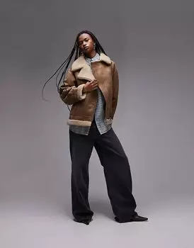 Куртка-авиатор свободного кроя из овчины коричневого цвета Mango