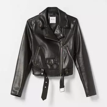 Куртка Bershka Belted Faux Leather Biker, черный