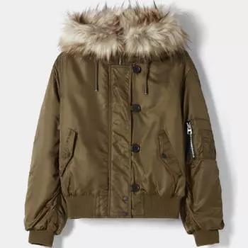 Куртка Bershka Cropped Parka Faux Fur Hood, хаки