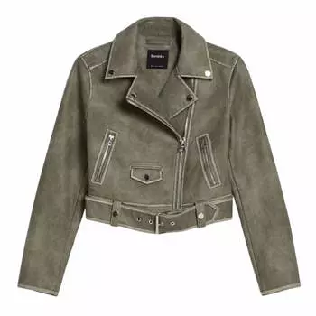 Куртка Bershka Faded Faux Leather Biker, серый