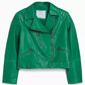 Куртка Bershka Faux Leather Biker, зеленый
