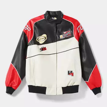 Куртка Bershka Faux Leather Racing Bomber, красный/белый/черный