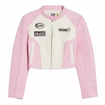 Куртка Bershka Faux Leather Racing Cropped, розовый