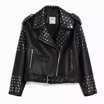Куртка Bershka Studded Faux Leather Oversize Biker, черный