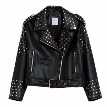 Куртка Bershka Studded Faux Leather Oversize Biker, черный