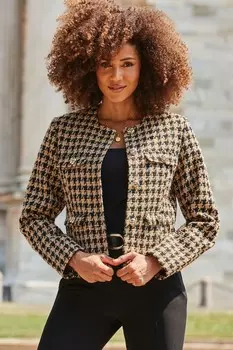 Куртка без воротника из ткани букле с принтом «собачья лапа» Sosandar, бежевый